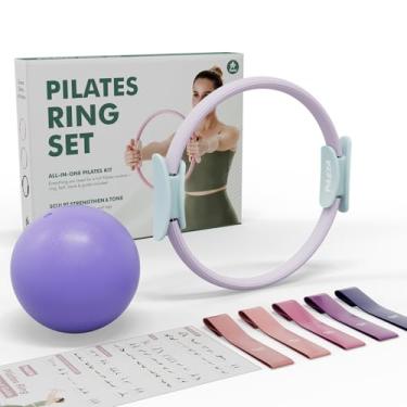 Imagem de PAETA Conjunto de anéis de Pilates – Círculo mágico de 35,5 cm (resistência de 17 kg), bola de Pilates de 25,9 cm, 5 faixas de resistência e guia de exercícios incluídos para exercícios em casa (Roxo)