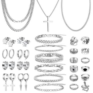 Imagem de FEYIR Conjunto de 37 peças de joias masculinas de aço inoxidável, elos cubanos, pulseiras, anéis vintage, brincos de argola e brincos masculinos modernos