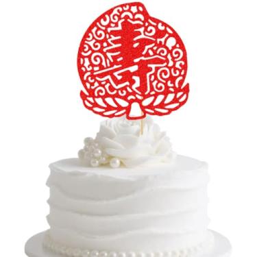 Imagem de Longevity Cake Topper, Chinese Customs Chinese Auspicious Words Birthday Party Decoration, Peach Cake Decor Red Glitter