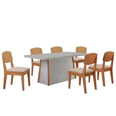 Imagem de Mesa Jantar Diane 180cm Tampo Mdf Vidro 6 Cadeiras Copper Prem Moderna Veludo Creme Off White Naturale Serigrafia