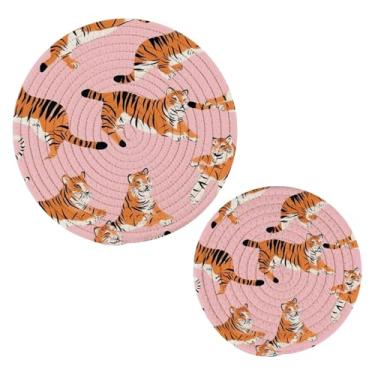 Imagem de Blueangle 2 peças de suporte de panela de tigre brincalhão - conjunto de pegadores de panela de tecido redondo - almofadas quentes trançadas de algodão - porta-copos - tapetes de mesa para cozinhar e