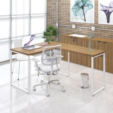 Imagem de Mesa Em L Office 120x150x75cm Kuadra Lâmina Mel - Est.branca