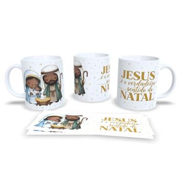 Imagem de Caneca Natalina com Presépio, Jesus O Verdadeiro Sentido do Natal, Cerâmica Branca, Decoração Religiosa com Arte Dourada, 325ml (23171)