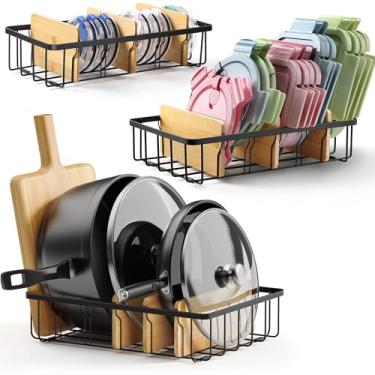 Imagem de CACHOLIV Pacote com 3 organizadores de tampa ajustáveis - Organizador grande de armário de cozinha para recipiente de armazenamento de alimentos e tampas de copo com 9 divisórias de bambu