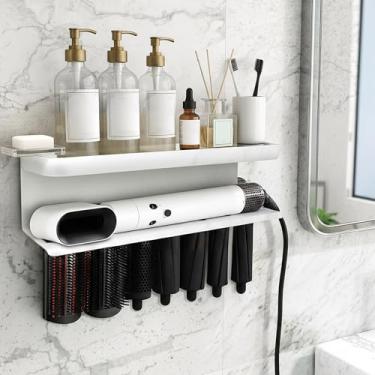 Imagem de Suporte de parede para secador de cabelo, organizador de rack de armazenamento branco para chapinha de cabelo e acessórios – suporte de banheiro que economiza espaço, instalação sem broca