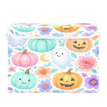 Imagem de Wassud Cestas de armazenamento de Halloween com tampas, abóboras coloridas de Halloween, caixotes dobráveis empilháveis de tecido, cestas de linho, recipiente organizador de armário 42 x 32 x 30 cm