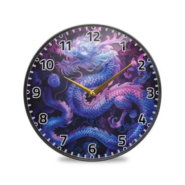 Imagem de WELLDAY Relógio de parede sem tique-taque 30,5 cm - dragão azul roxo operado por bateria relógio redondo silencioso de quartzo para casa/escritório/cozinha/sala de aula
