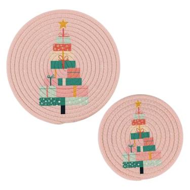 Imagem de Wassud Conjunto de tripé de árvore de Natal para pratos quentes, suportes redondos de panela, almofadas quentes de algodão, porta-copos resistentes ao calor para decoração de cozinha, bancada, 2 peças