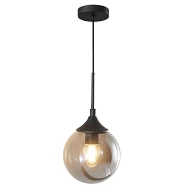 Imagem de Luminária pendente contemporânea preta com globo de vidro, luminária de teto suspensa com cabo ajustável, estilo moderno de meados do século XX, ideal para ilha de cozinha (cinza fumê).