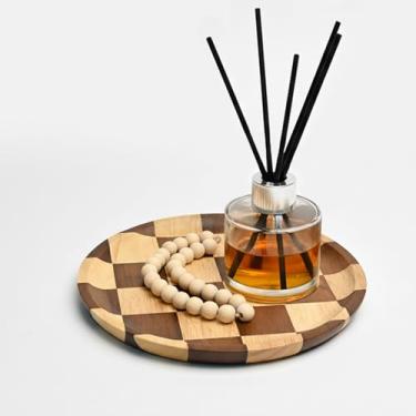Imagem de Bandejas de servir redondas de madeira de 20 cm com design xadrez exclusivo para decoração de casa, mesa de café, mesa de jantar, ilha de cozinha