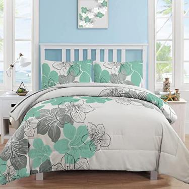 Imagem de Luxudecor Jogo de cama King com estampa floral verde, microfibra macia, 7 peças (1 edredom, 2 fronhas, 1 lençol de cima, 1 lençol com elástico, 2 fronhas)