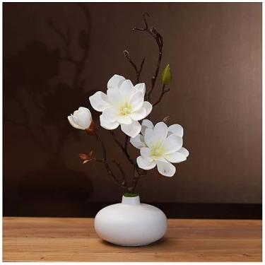 Imagem de Conjunto de flores artificiais com vaso de orquídea artificial com vaso de cerâmica, colocação de flores artificiais para sala de estar em casa (branco a)