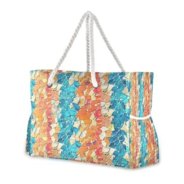 Imagem de Wassud Bolsa de praia com fragmentos de vidro, arte grande, bolsa de praia para mulheres, impermeável, à prova de areia, bolsa de viagem com zíper e bolso para piscina, academia, acampamento