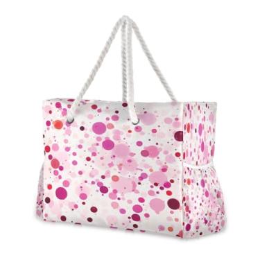 Imagem de Wassud Bolsa de praia com bolinhas rosas grandes para mulheres, impermeável, à prova de areia, bolsa de viagem com zíper e bolso para piscina, academia, acampamento