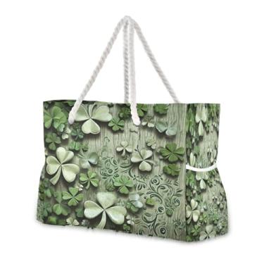 Imagem de Wassud Bolsa de praia com quatro folhas, paredes de trevo, grande, bolsa de praia para mulheres, impermeável, à prova de areia, bolsa de viagem com zíper e bolso para piscina, academia, acampamento