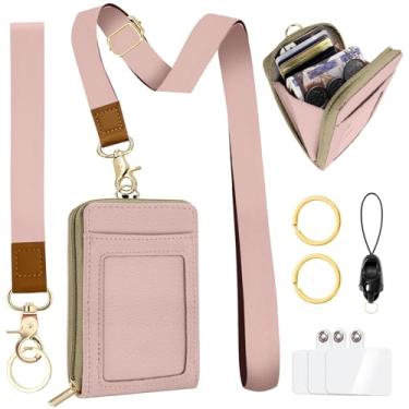 Imagem de Bolimoss Carteira de cordão rosa com porta-crachá de identidade, chaveiro RFID, carteira feminina, zíper ao redor do porta-cartão de crédito, alça de pescoço para telefone para crachá de chave