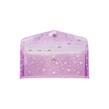 Imagem de Mogoostry Carteira de envelopes de dinheiro roxo glitter PVC estrela decoração porta-dinheiro com 6 peças divisórias de bolso e adesivos de aba para planejador de contas, organizador de orçamento