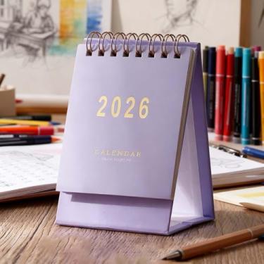 Imagem de Mini calendário de mesa 2026 – calendário de mesa pequeno dobrável em pé, agenda mensal compacta com detalhes em folha dourada para casa ou escritório (roxo)