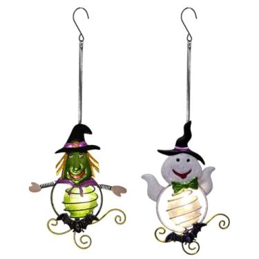 Imagem de Venniy Luzes suspensas solares de Halloween, decorações de festa de bruxa e fantasma, pacote com 2 com molas saltitantes, ambientes externos, interiores, jardim, quintal, decoração de varanda
