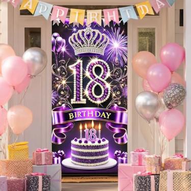 Imagem de HOMETITUTE Capa de porta de aniversário de 18 anos 188 x 89 cm, faixa de aniversário de diamante roxo para decoração de festa, coroa de bolo, presente de pano de fundo para meninas e mulheres