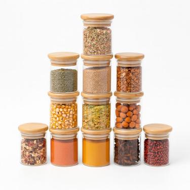 Imagem de Kit 12 potes de vidro 200ml herméticos com tampa de bambu - Tud