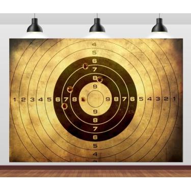 Imagem de CORFOTO Tecido de fundo de alvo de tiro 2,1 x 1,5 m, alvo com furos de bala, fundo de tiro para decoração de festa de aniversário, retratos de treinador, adereços de sessão de fotos