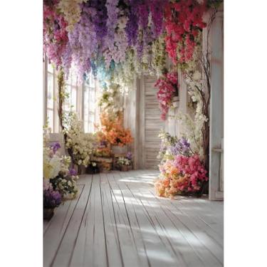 Imagem de Laeacco Pano de fundo de flores de casamento de 1,8 x 2,4 m, interior de casa de madeira rústica, flores de videira, fundo fotográfico para aniversário, casamento, chá de bebê, festa, bolo, decoração