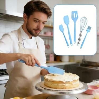 Imagem de Conjunto de 5 espátulas de silicone azul para cozinha, conjunto de ferramentas de cozimento de grau alimentício com raspador resistente ao calor, espátula, escova de batedor