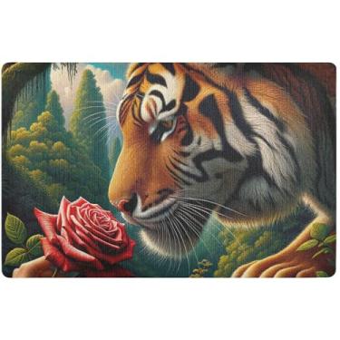 Imagem de TSENQUE Tapete de porta personalizado Tiger Sniffs The Rose Tapete engraçado para varanda frontal tapete de boas-vindas tapetes internos para entrada de casa 81 x 50 cm