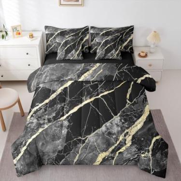 Imagem de Erosebridal Jogo de cama King com estampa de mármore preto e cinza, 7 peças, linhas rachadas douradas, abstrato, arte estética, mármore, fluido, luxuoso, preto, conjunto de lençol com edredom