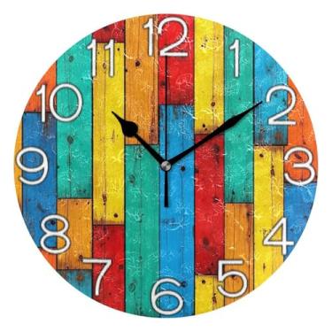 Imagem de GAIGEO Relógio de parede listrado de madeira colorido analógico decorativo escritório cozinha relógio redondo sem tique-taque silencioso, decoração de parede de casa de fazenda moderna, 25 cm