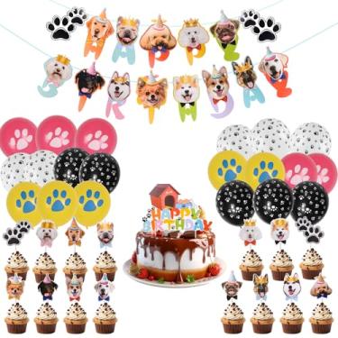 Imagem de HICOHAND Decoração de faixa de feliz aniversário com tema de cachorro, 1 conjunto de decoração de guirlanda de feliz aniversário com balões de enfeite de bolo suprimentos de festa para amantes de cães