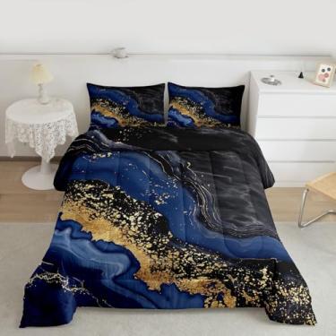Imagem de Feelyou Conjunto de edredom Queen de mármore azul, moderno, estético, para crianças, meninos, meninas, retrô, arte em aquarela, edredom preto dourado para decoração de quarto, 3 peças com 2 fronhas