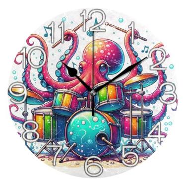 Imagem de GAIGEO Relógio de parede analógico decorativo para quarto e cozinha, operado a pilhas, decoração de parede moderna de casa de fazenda, polvo engraçado, animal colorido, 25 cm, ponteiros pretos