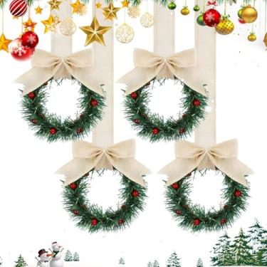 Imagem de Grinalda de Natal Artificial | Guirlanda Artificial De 4 Peças | Guirlanda de Natal com Bagas Vermelhas e Laço Suspensível | para Casa Interior Exterior Janela Cozinha Festa Casamento Quinta Lareira