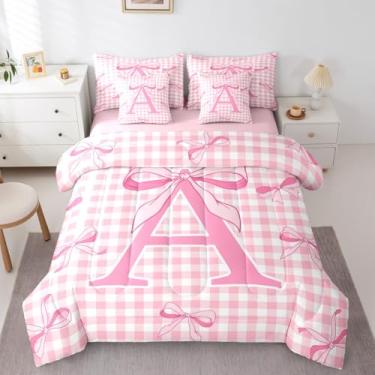 Imagem de Feelyou Conjunto de edredom Queen com laço rosa, 7 peças, fofo, quadriculado, com inicial personalizada, para meninos e meninas, com edredom, lençóis, fronhas, capas de almofada, decoração de quarto