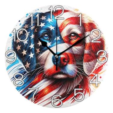 Imagem de GAIGEO Relógio de parede decorativo analógico quarto cozinha relógio operado por bateria silencioso, retrô moderno art déco decoração de parede cachorro desenho patriótico fofo, 25 cm, ponteiros