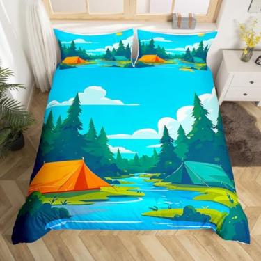 Imagem de Conjunto de cama casal com cenário natural, tema de acampamento, decoração de quarto de crianças, adolescentes e adultos, barracas de céu azul, 3 peças, capa de edredom de acampamento feliz, 2 fronhas