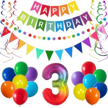 Imagem de ANSOMO Decorações de festa de 3º aniversário arco-íris colorido faixa de feliz aniversário três anos de idade bebê crianças meninos meninas decoração número 3 balões flâmula guirlanda