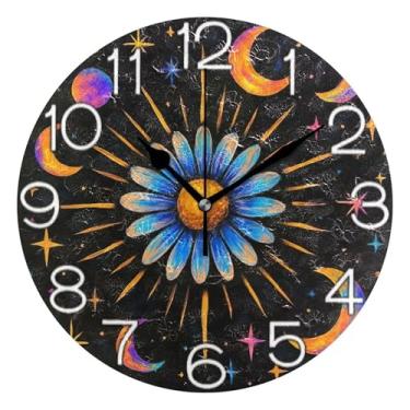 Imagem de GAIGEO Relógio de parede analógico decorativo estético silencioso sem tique-taque relógio de cozinha fofo, decoração de sala de estar arte moderna margarida raios de sol preto, 25 cm, ponteiros pretos