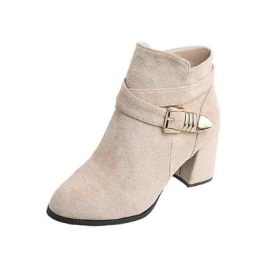 Imagem de Botas curtas femininas casuais plus size cor sólida bico redondo zíper lateral cinto fivela salto médio bota tornozelo, Bege, 36