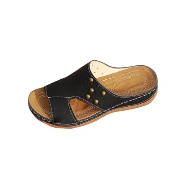 Imagem de Pantufas femininas modernas, casuais, estilo verão, cor sólida, boca de peixe, sola grossa, Preto, 36
