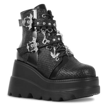 Imagem de SONALOONG Botas de cano curto góticas femininas, botas de combate de salto alto grosso, botas punk pretas com cadarço - DIY, fivela morcego, zíper lateral, EUA 5,5-10, Preto, 35