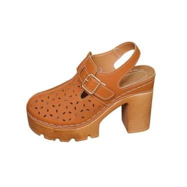 Imagem de Sandálias femininas primavera verão bico fechado salto alto PU plataforma casual confortável, Marrom, 36