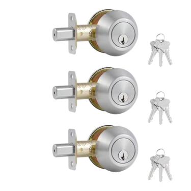 Imagem de Comfhouse 1 fechadura com chave lateral, parafuso morto de cilindro único, níquel acetinado redondo fechadura de entrada frontal com chave interna, pacote com 3