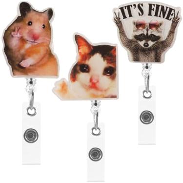 Imagem de 3 peças de carretel de crachá engraçado, porta-crachá de identificação retrátil, gato guaxinim fofo, hamster para enfermeiras, trabalhadores de hospitais, estudantes, professores, trabalhadores