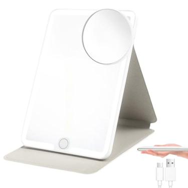 Imagem de Espelho Maquiagem com LED Portátil e Aumento 10X, Espelho de Mesa Ultra Fino e Dobrável em Couro PU com Toque, 3 Cores de Luz e USB, para Viagem, Maquiagem e Escritório