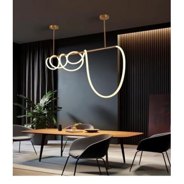 Imagem de Luminária pendente LED com altura ajustável para sala de jantar, dimerizável e com controle remoto (montada em vários formatos), iluminação multifuncional para restaurantes e bares (dourada,