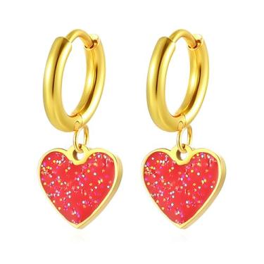 Imagem de MALOYANVE Brincos de argola grande de coração banhado a ouro sólido pequeno pendurado vermelho e preto coração do amor brincos de argola cruz joia do dia dos namorados para mulheres, Medium, Zinco,