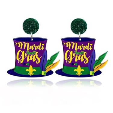 Imagem de Brincos femininos de carnaval com pingente de chapéu de carnaval com glitter verde brincos leves para presentes de festa de carnaval, Large, Plástico, Sem pedra preciosa